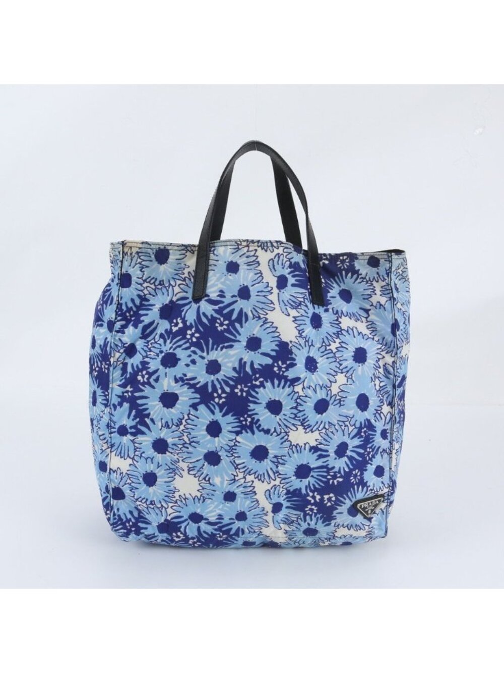 Prada Tessuto Nylon Flower Triangle Logo White Tag Leather Tote Shoulder Bag